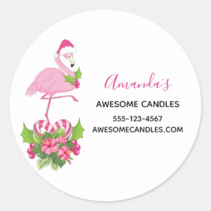 Sticker Rond Flamant rose rose dans Santa Hat Whimsical Christm