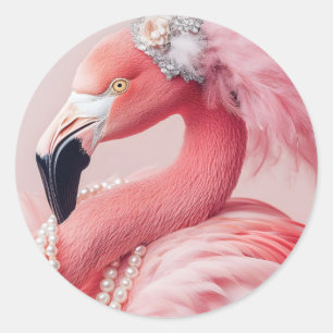 Sticker Rond Flamant rose rose élégant avec perles et plumes