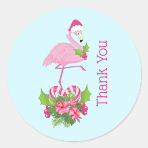 Sticker Rond Flamant rose rose en Merci lunaire de Santa Hat