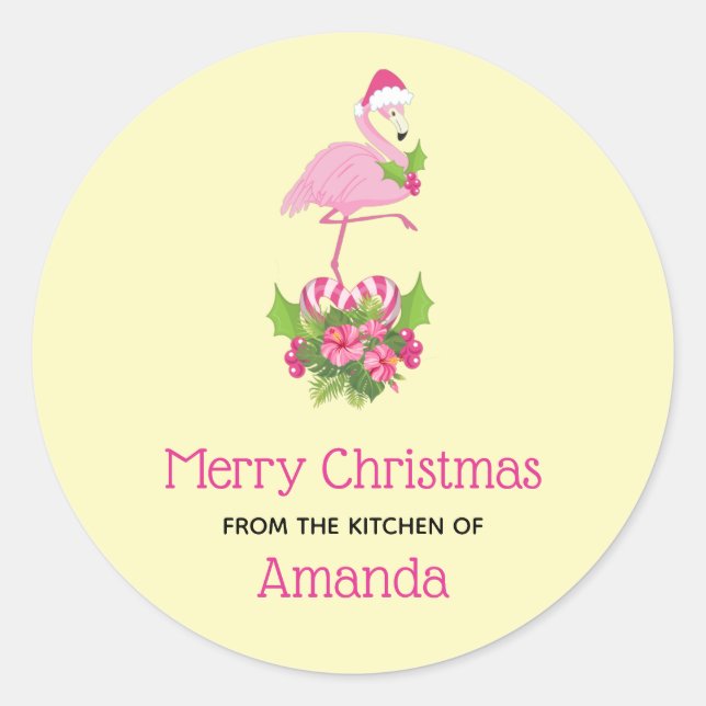 Sticker Rond Flamant rose rose en Santa Hat Whimsical Kitchen (Devant)