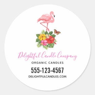 Sticker Rond Flamant rose rose et Hibiscus tropical Fancy Busin