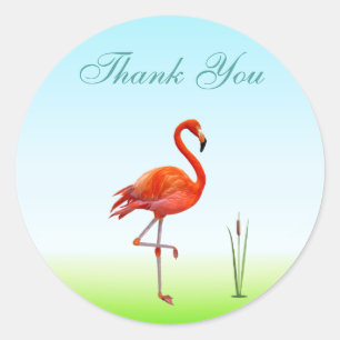 Sticker Rond Flamant rose rose et Merci Plante roseau