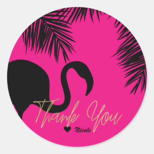 Sticker Rond Flamant rose rose et noir & Palm Tropical Party
