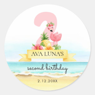 Sticker Rond Flamant rose rose Été 2 Anniversaire
