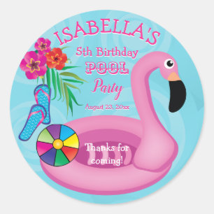 Sticker Rond Flamant rose Rose Floral 5e anniversaire Pool Part