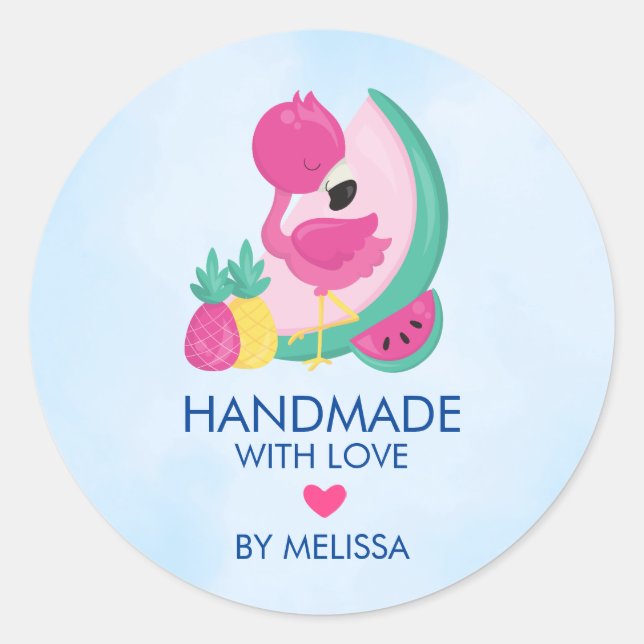 Sticker Rond Flamant rose rose & Fruits fait main avec amour (Devant)