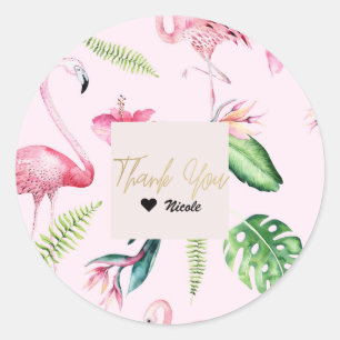 Sticker Rond Flamant rose rose Hibiscus tropical Plaisir floral