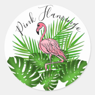 Sticker Rond Flamant rose rose, jungle tropicale feuilles