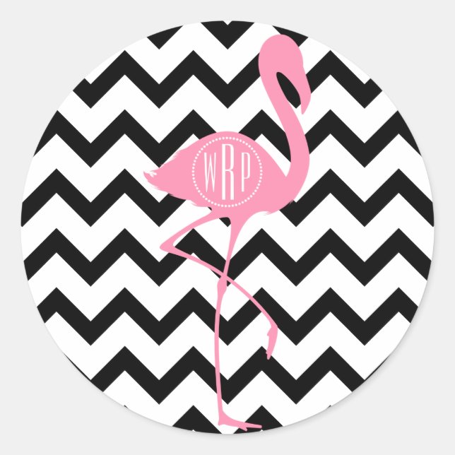 Sticker Rond Flamant rose rose monogramme + Chevron noir (Devant)