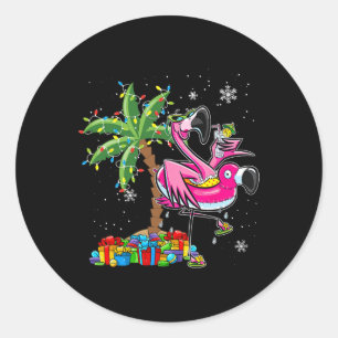 Sticker Rond Flamant rose rose Noël Palmier Tropical Noël Ho
