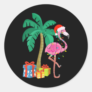 Sticker Rond Flamant rose rose Noël Palmier Tropical Xmas Fu