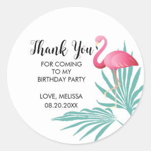 Sticker Rond Flamant rose rose Palm Feuille Merci d'anniversair