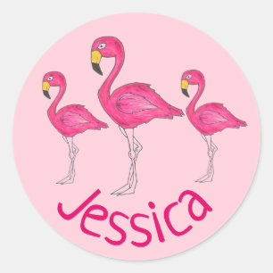 Sticker Rond Flamant rose rose personnalisé Ile tropicale