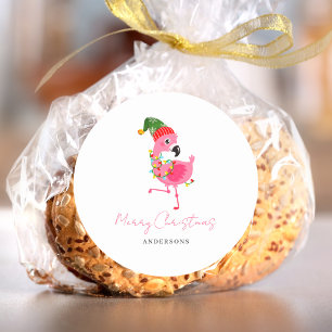 Sticker Rond Flamant rose rose personnalisé Noël