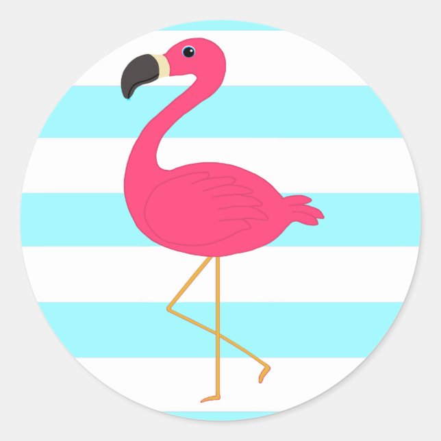 Sticker Rond Flamant rose rose sur rayures Turquoises claires (Devant)
