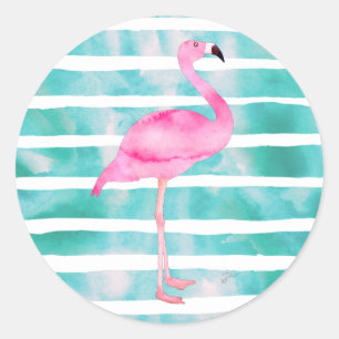 Sticker Rond Flamant rose rose Turquoise Bleu Grilles Moderne