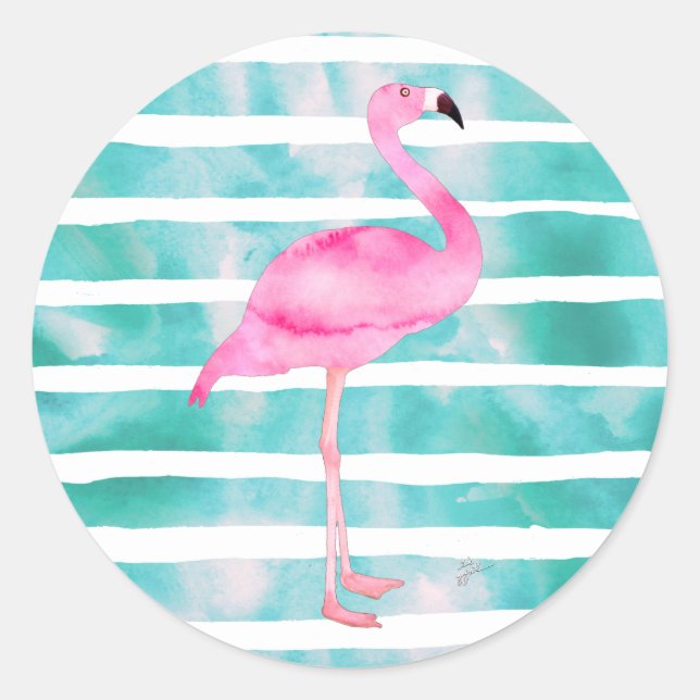 Sticker Rond Flamant rose rose Turquoise Bleu Grilles Moderne (Devant)