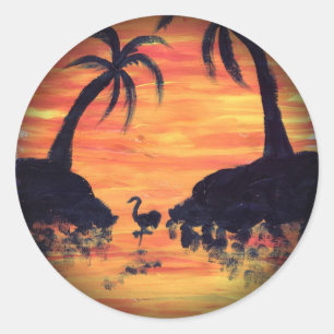 Sticker Rond Flamant rose Sunset art par EelKat