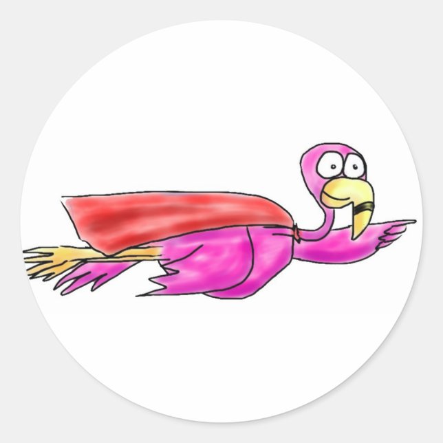 Sticker Rond Flamant rose super rose Fyling Cape Whimsical Art (Devant)