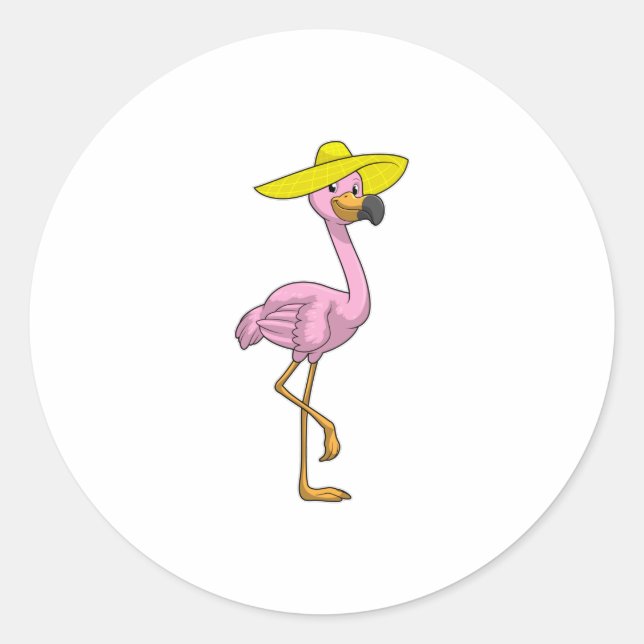Sticker Rond Flamant rose sur la plage avec Casquette (Devant)