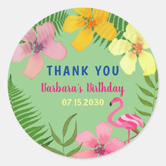 Sticker Rond Flamant rose tropical Anniversaire Merci (Devant)