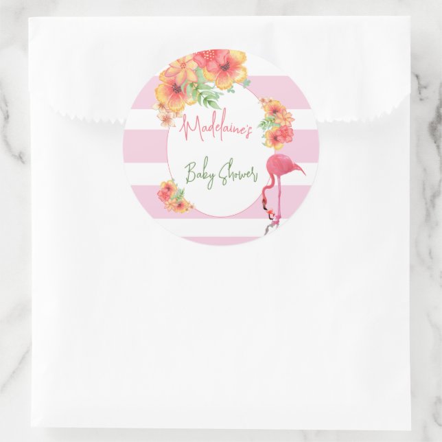 Sticker Rond Flamant rose tropical Baby shower en bande rose (Sac)