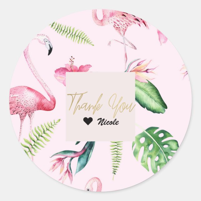 Sticker Rond Flamant Rose Tropical Hibiscus Floral Faveur amusa (Devant)