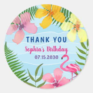 Sticker Rond Flamant Rose Tropical Merci