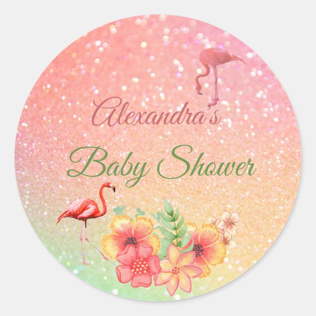 Sticker Rond Flamant rose tropical Parties scintillant Baby sho (Devant)