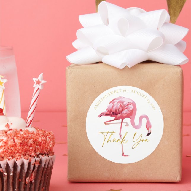 Sticker Rond Flamant rose tropical Sweet 16 Merci ID922 (Fête)