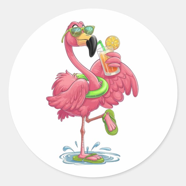 Sticker Rond Flamant rose vacances d'été (Devant)