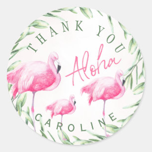 Sticker Rond Flamants roses aloha couronne tropicale merci