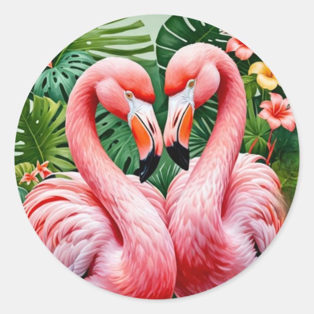 Sticker Rond flamants roses cou coeur rose tropique amour flama (Devant)