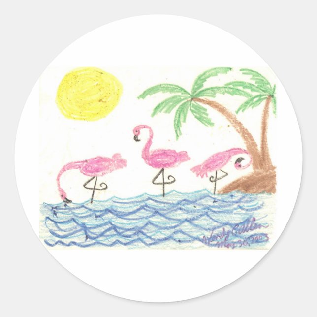 Sticker Rond Flamants roses dans l'eau (Devant)
