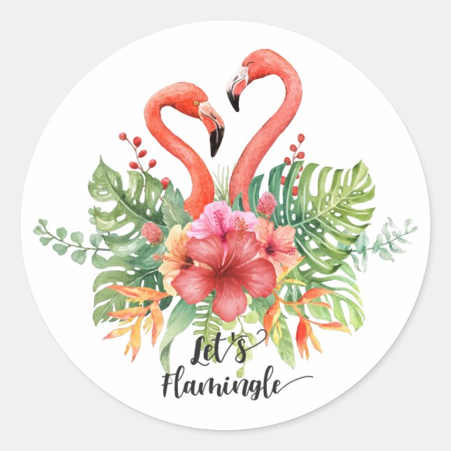 Sticker Rond Flamants roses d'aquarelle tropicale et pistolet H (Devant)