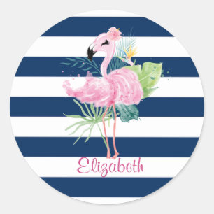 Sticker Rond Flamants roses mignonsFeuille tropicale, rayée 