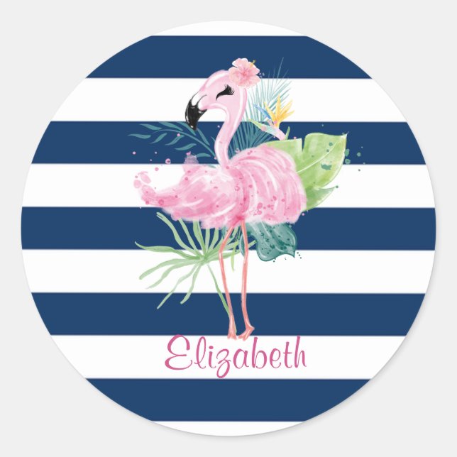 Sticker Rond Flamants roses mignonsFeuille tropicale, rayée  (Devant)