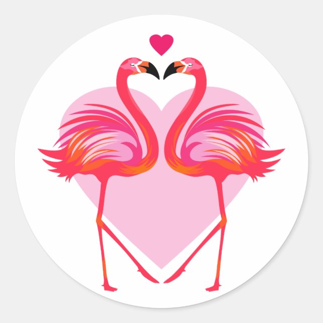 Sticker Rond Flamants Roses Oiseaux avec Cadres de Coeur (Devant)