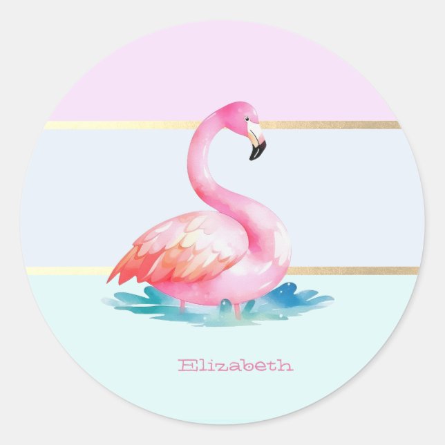 Sticker Rond Flamants roses pastel moderne rayé (Devant)