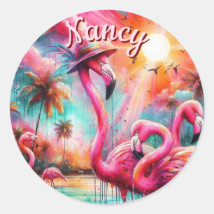 Sticker Rond Flamants roses roses tropicaux Palmiers Personnali