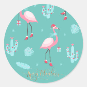 Sticker Rond Flamants roses Santa Hat présente des flocons de n