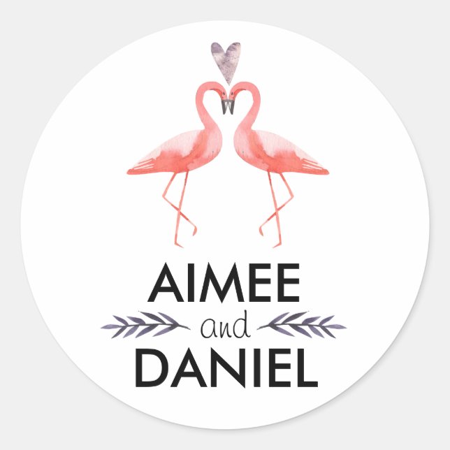 Sticker Rond Flamants roses tropical mariage | baiser flamant r (Devant)