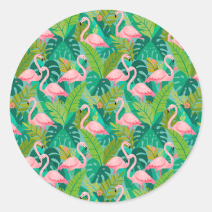 Sticker Rond Flamants roses tropicaux Feuillage de la jungle