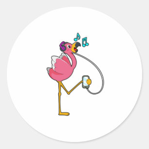 Sticker Rond Flamingo at Music with Headphone