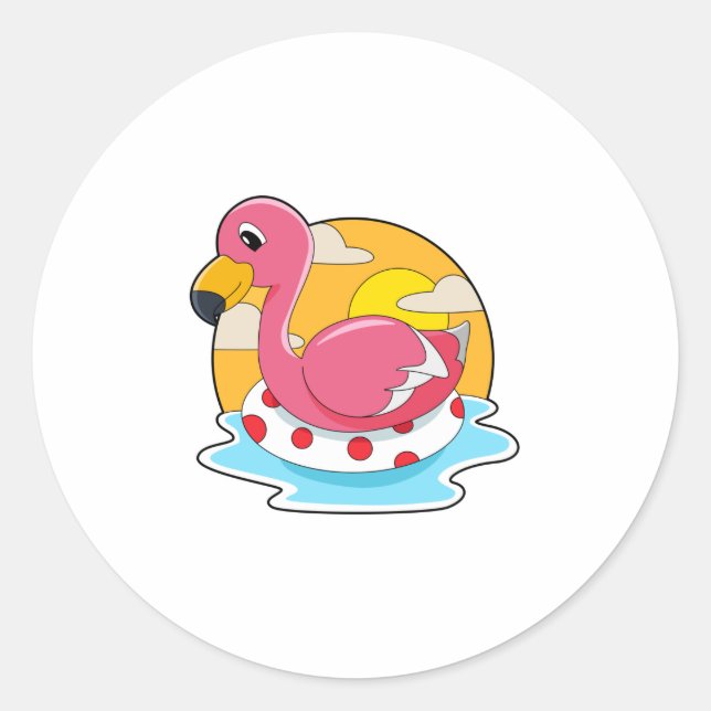 Sticker Rond Flamingo at Swimming with Lifebuoy (Devant)