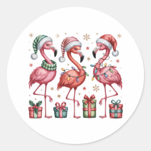 Sticker Rond Flamingo de Noël Festif Vacances Lumineux de Noël 