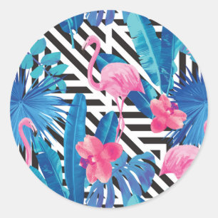 Sticker Rond Flamingo & Palms on Geometric Pattern