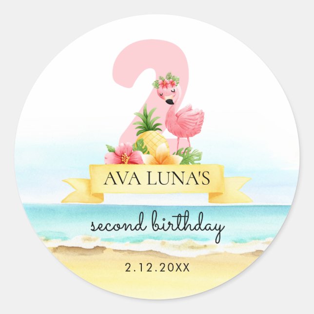 Sticker Rond Flamingo Rose Anniversaire 2ème Anniversaire (Devant)