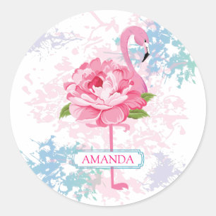 Sticker Rond Flamingo rose Design monogramme floral