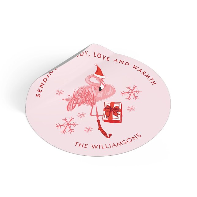 Sticker Rond Flamingo Rose Noël Côtier Aquarelle (Pink Flamingo Coastal Christmas Watercolor Classic Round Sticker)